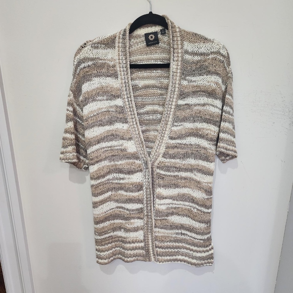 AMBER SUN MULTI-COLOR IVORY, GRAY, TAN, KNIT CARDIGAN - SIZE MED